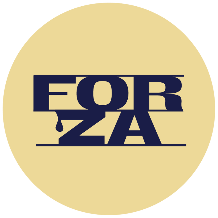 Round logo with 'FORZA' text in navy blue on a yellow background