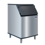 Manitowoc Stainless steel ice bin with black top on a white background