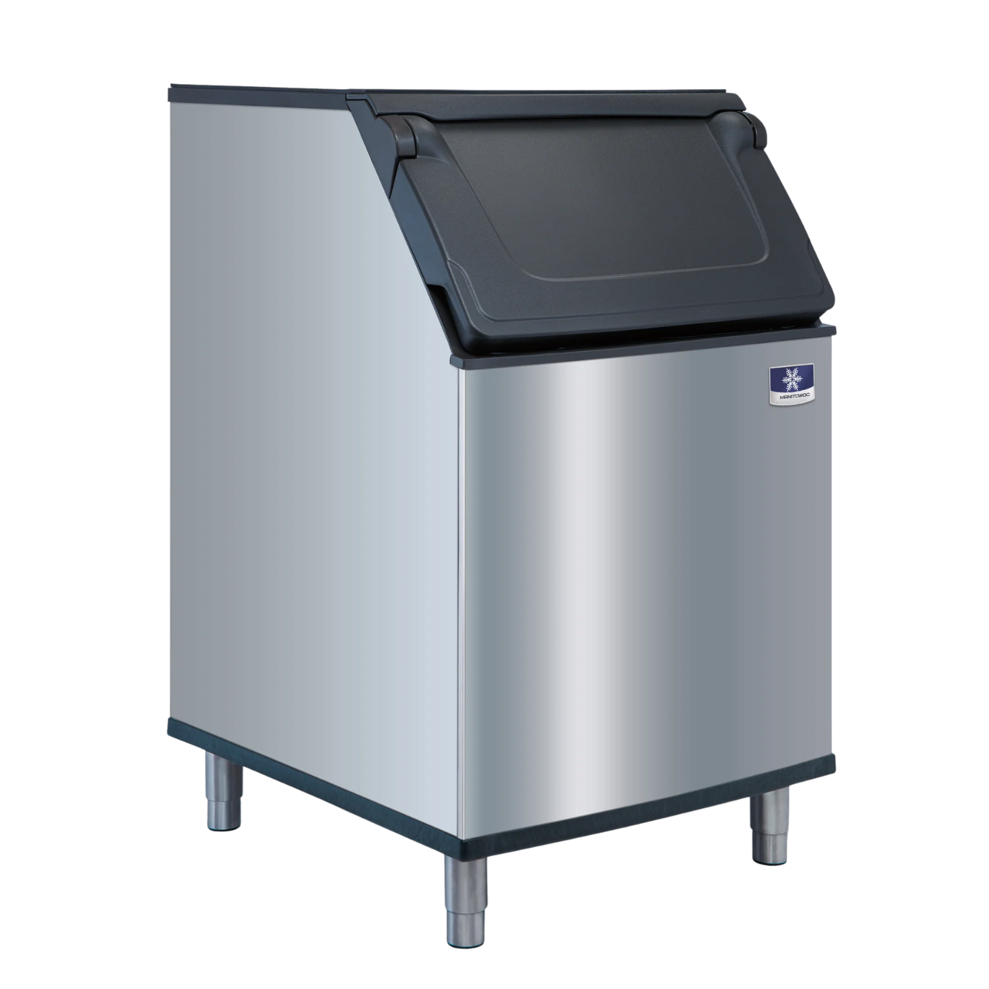 Manitowoc Stainless steel ice bin with black top on a white background
