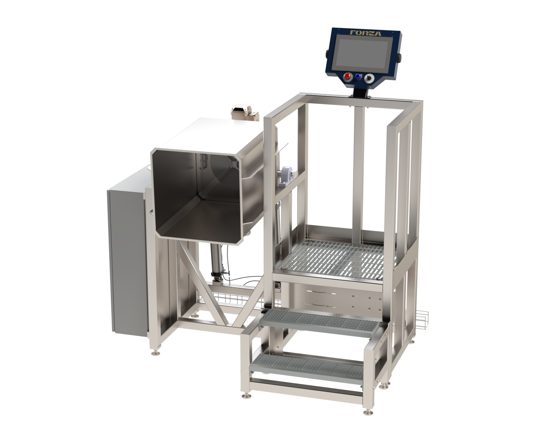 Forza stainless steel TAS-225 trichome agitation system for hash washing showing the agitation vessel tilted