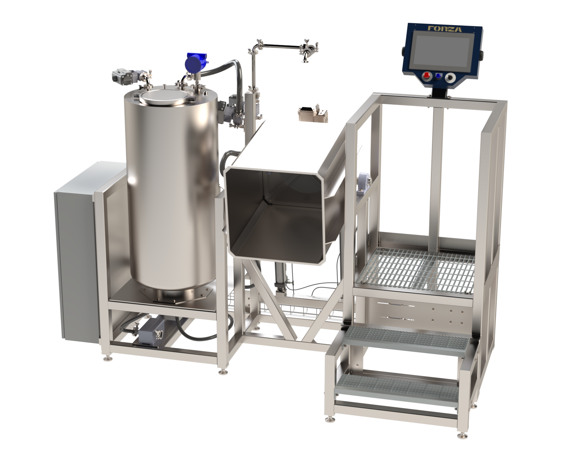 Forza stainless steel TSS-225 trichome separation system for hash washing showing the agitation vessel tilted