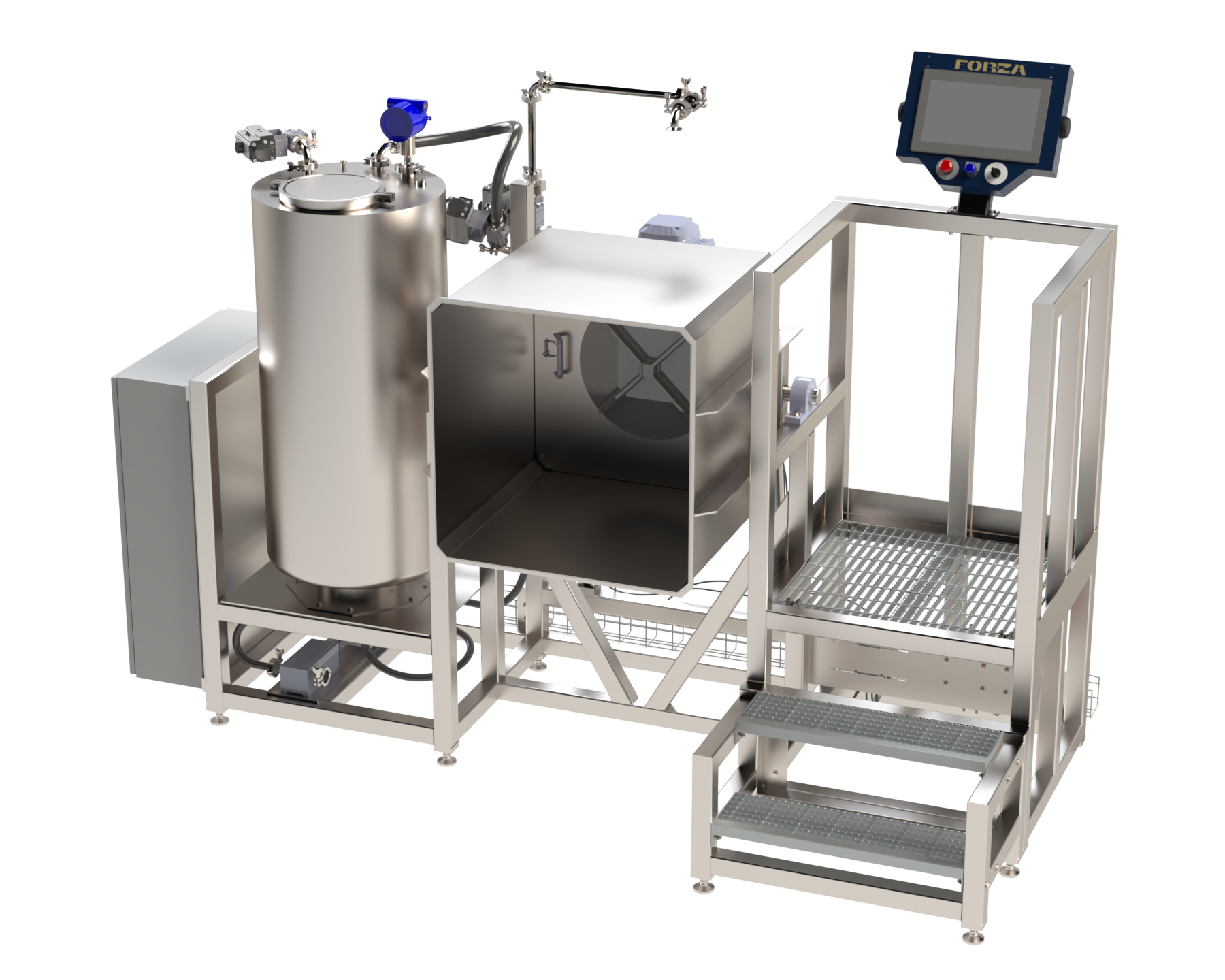 Forza stainless steel TSS-400 trichome separation system for hash washing showing the agitation vessel tilted
